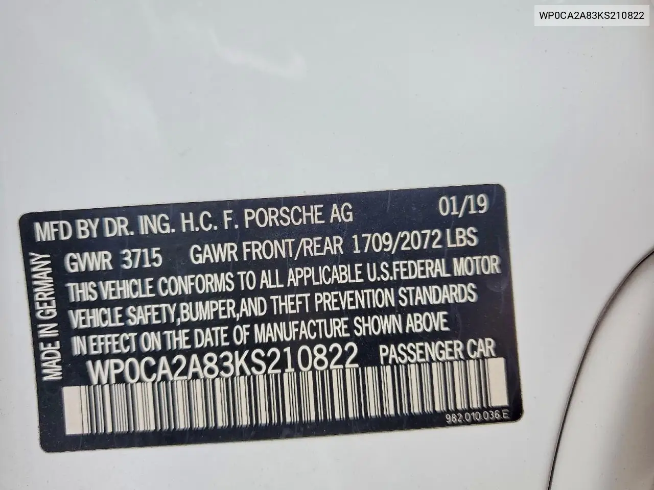 2019 Porsche Boxster Base VIN: WP0CA2A83KS210822 Lot: 54010296