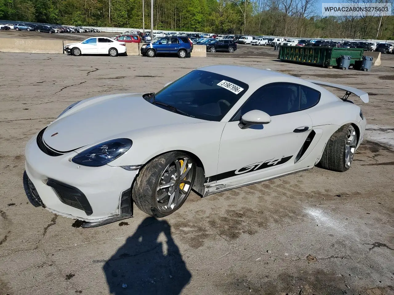 2022 Porsche Cayman Gt4 VIN: WP0AC2A80NS275603 Lot: 51987996