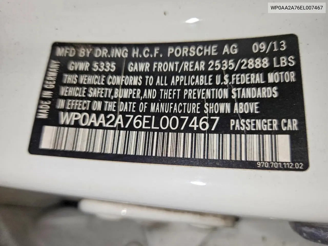 2014 Porsche Panamera 2 VIN: WP0AA2A76EL007467 Lot: 61394556