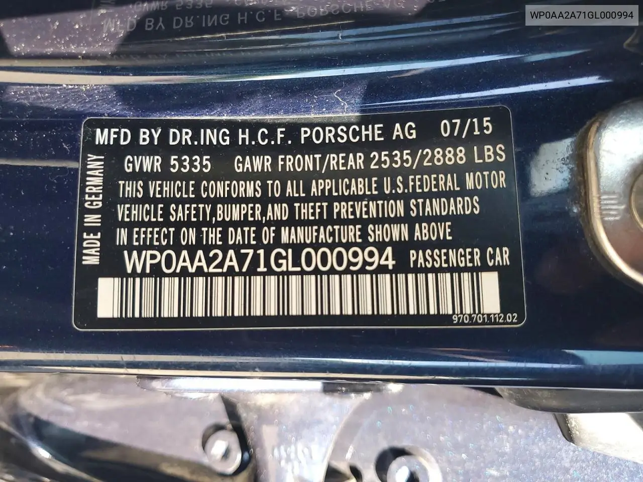 2016 Porsche Panamera 2 VIN: WP0AA2A71GL000994 Lot: 55467276