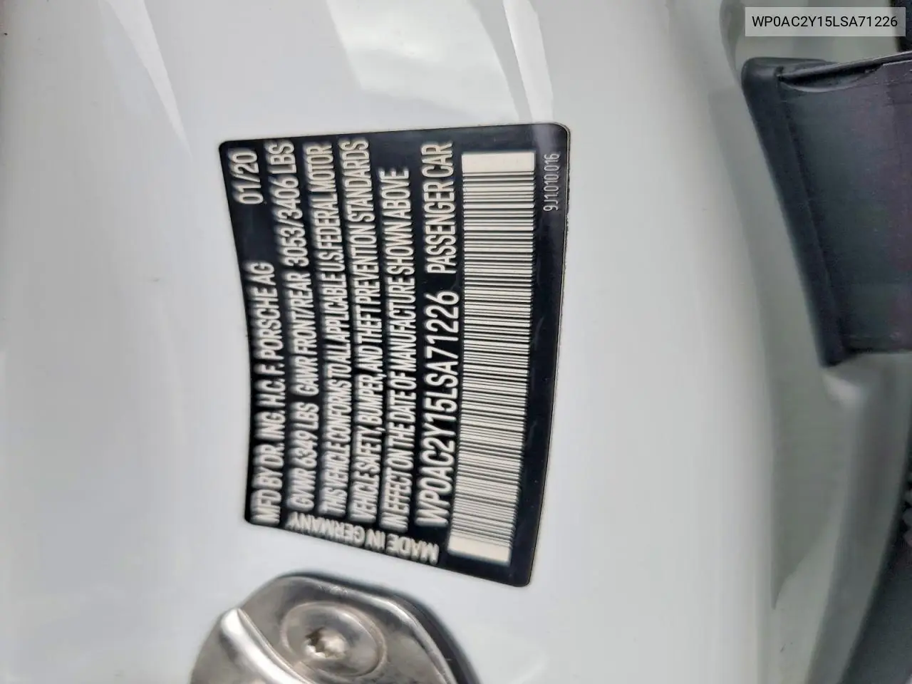 2020 Porsche Taycan Turbo VIN: WP0AC2Y15LSA71226 Lot: 49933676
