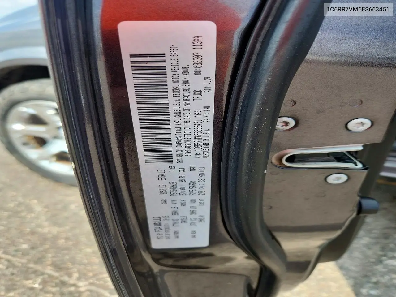 2015 Ram 1500 Laramie VIN: 1C6RR7VM6FS663451 Lot: 61522466