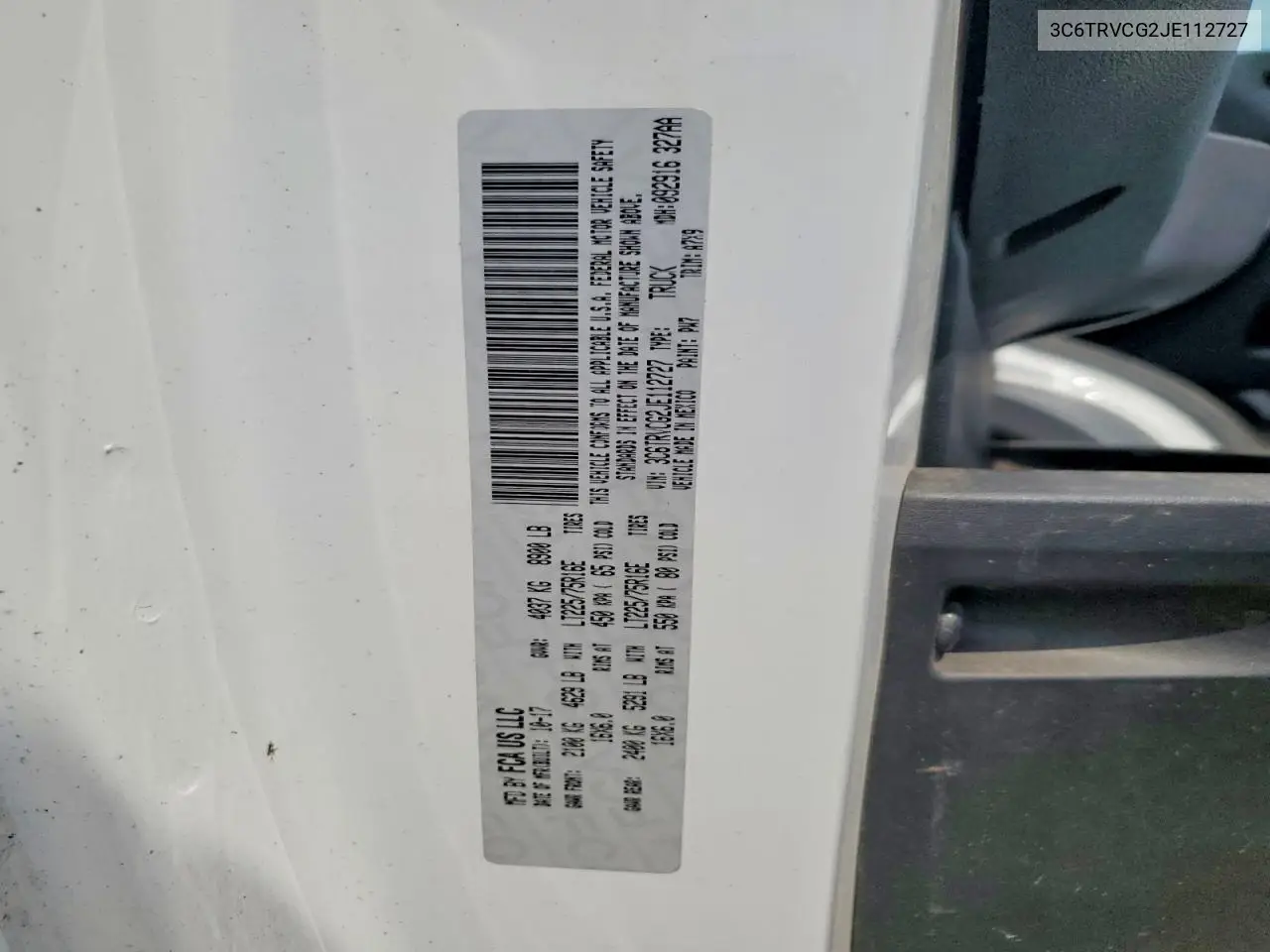 2018 Ram Promaster 2500 2500 High VIN: 3C6TRVCG2JE112727 Lot: 60441396