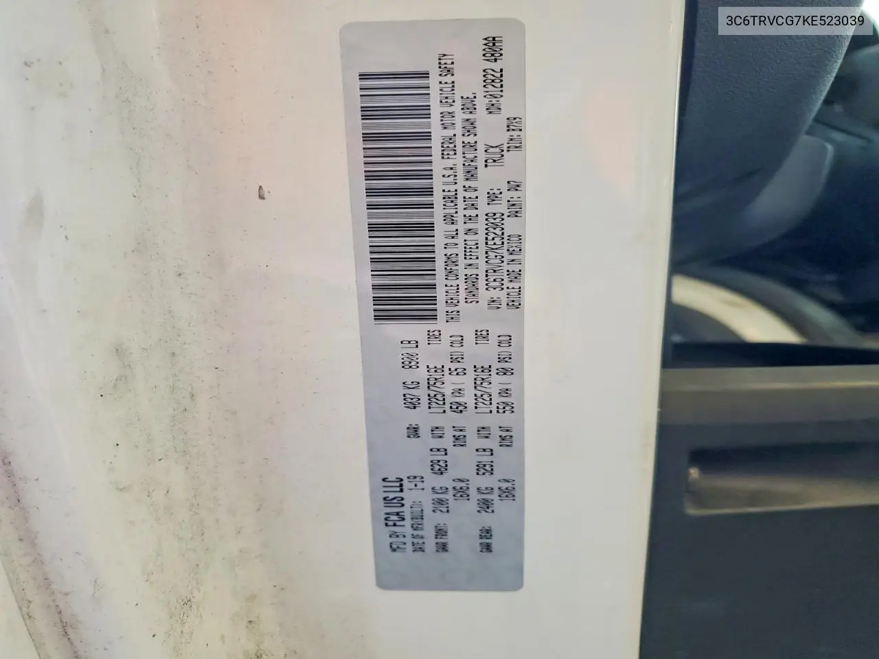 2019 Ram Promaster 2500 2500 High VIN: 3C6TRVCG7KE523039 Lot: 58700006