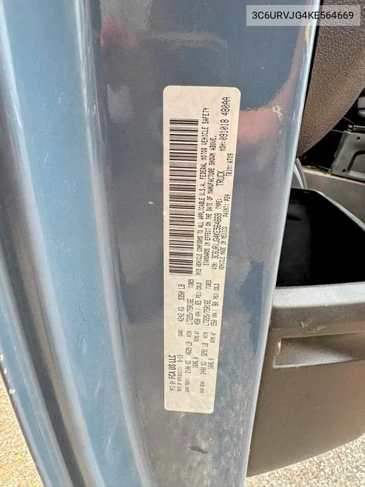 2019 Ram Promaster 3500 3500 High VIN: 3C6URVJG4KE564669 Lot: 61524956