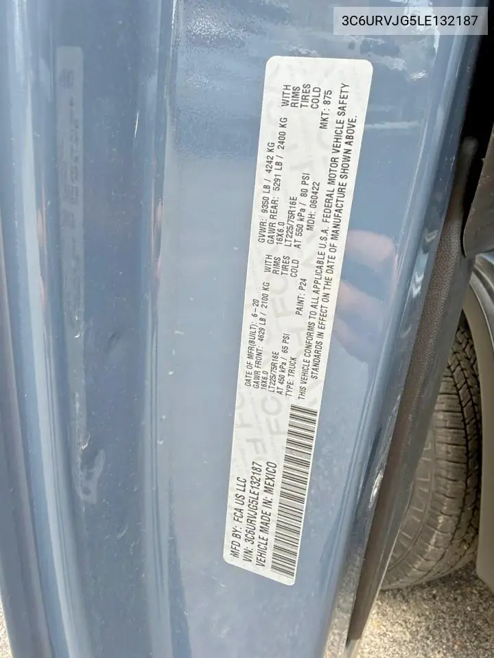 2020 Ram Promaster 3500 3500 High VIN: 3C6URVJG5LE132187 Lot: 61192376