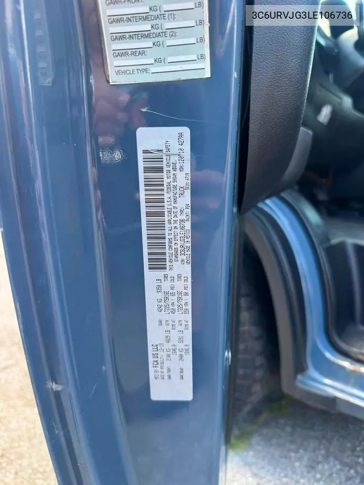2020 Ram Promaster 3500 3500 High VIN: 3C6URVJG3LE106736 Lot: 61210456