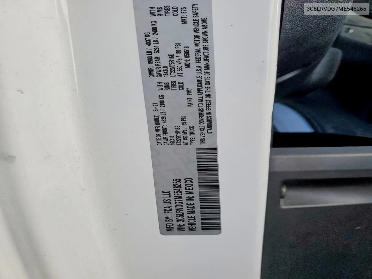 2021 Ram Promaster 2500 2500 High VIN: 3C6LRVDG7ME548265 Lot: 55194796