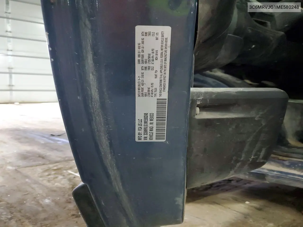 2021 Ram Promaster 3500 Delivery Van VIN: 3C6MRVJG1ME580248 Lot: 58157336