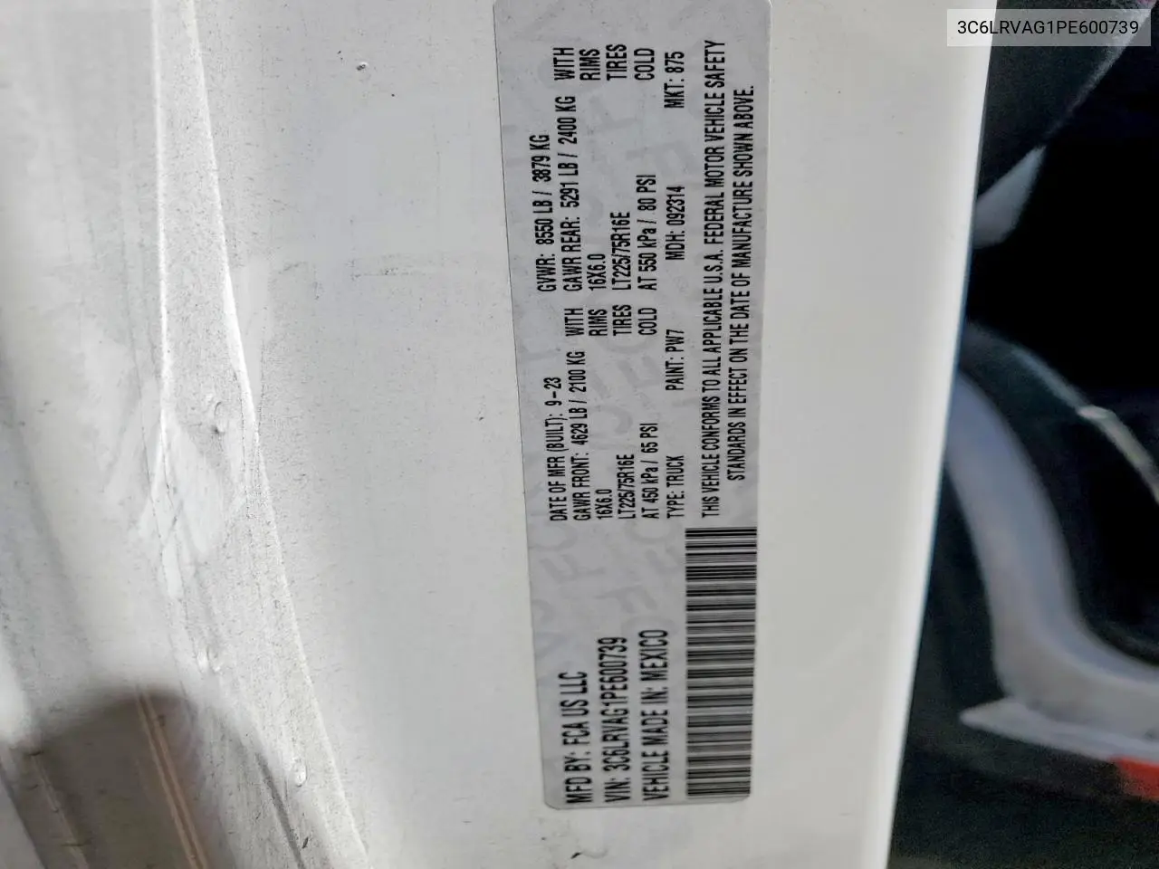 2023 Ram Promaster 1500 1500 Standard VIN: 3C6LRVAG1PE600739 Lot: 55769456
