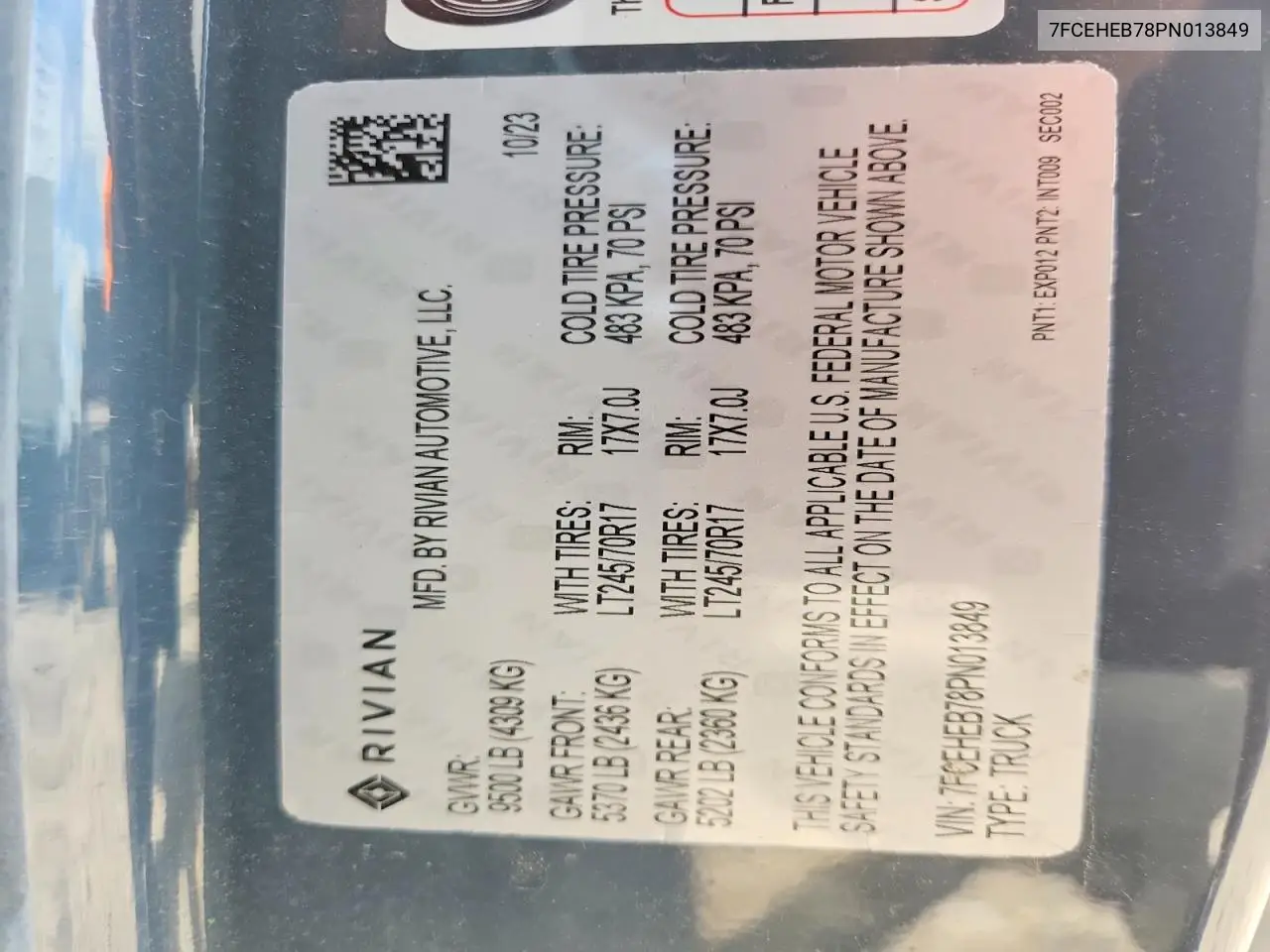 2023 Rivian Edv 700 Delivery Van VIN: 7FCEHEB78PN013849 Lot: 58945486