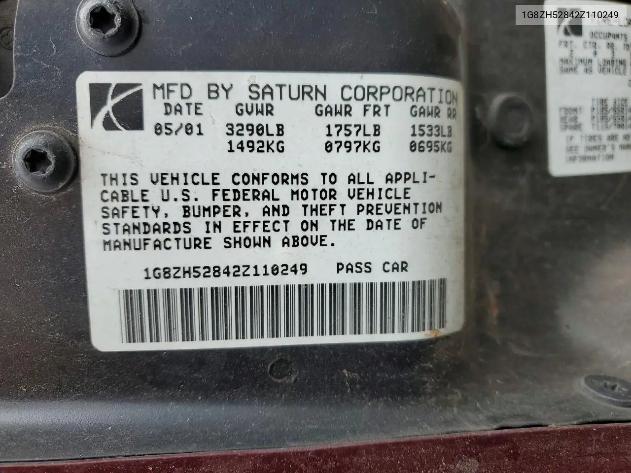 2002 Saturn 4Dr VIN: 1G8ZH52842Z110249 Lot: 57625896