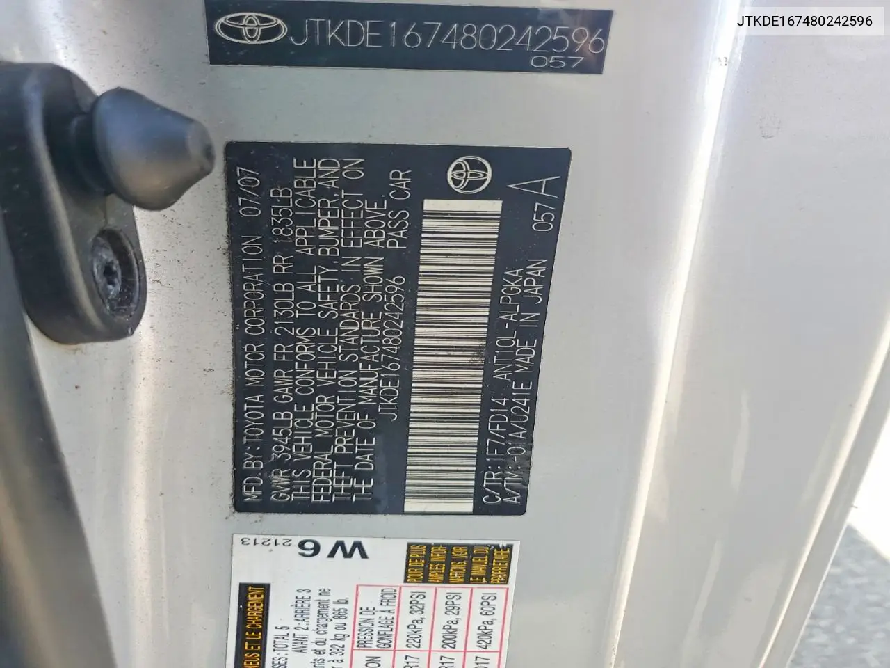 2008 Scion Tc Base VIN: JTKDE167480242596 Lot: 57090636