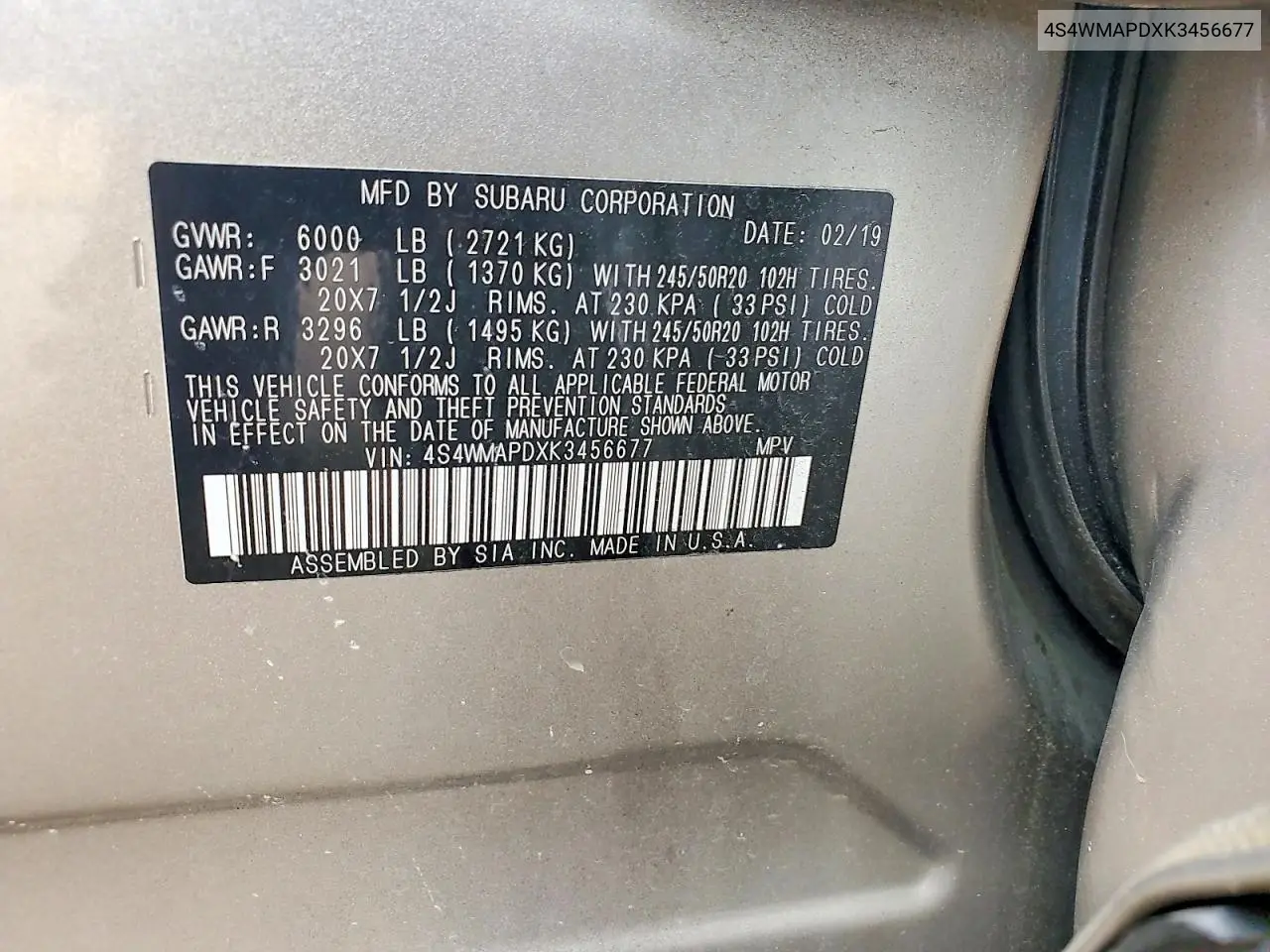 2019 Subaru Ascent Limited VIN: 4S4WMAPDXK3456677 Lot: 60682856