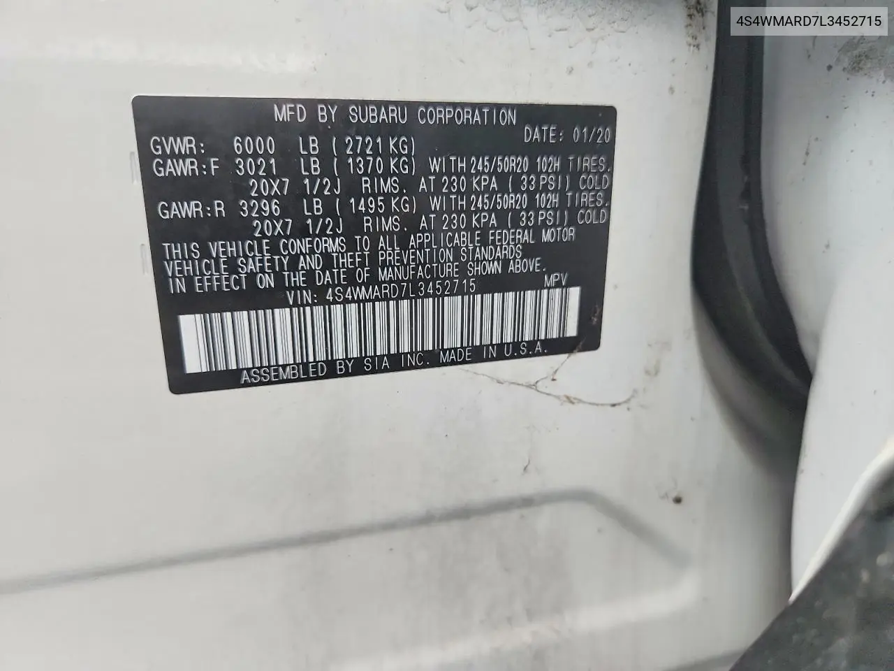 2020 Subaru Ascent Touring VIN: 4S4WMARD7L3452715 Lot: 59607586