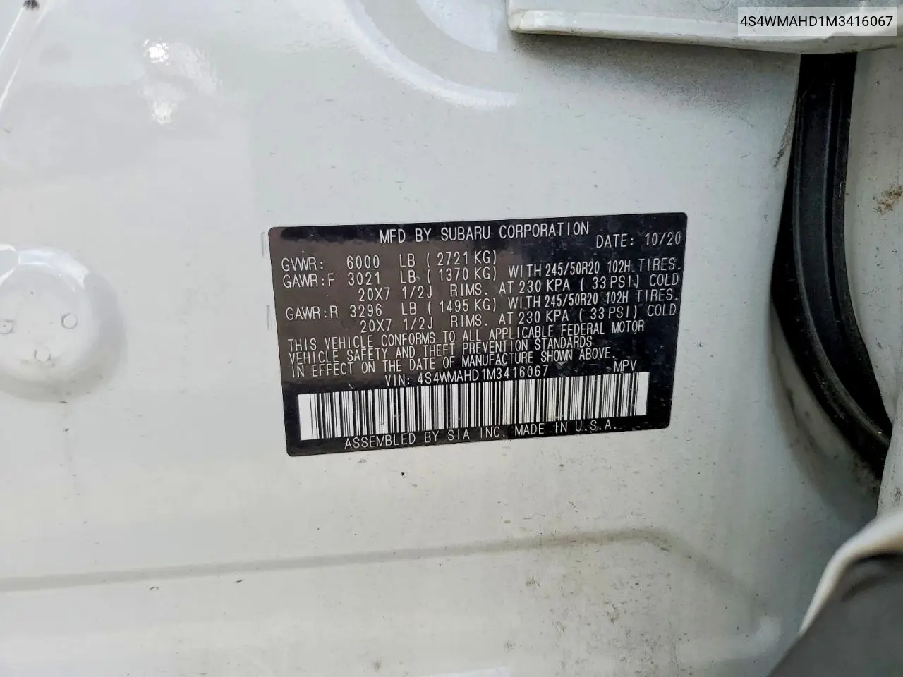 2021 Subaru Ascent Premium VIN: 4S4WMAHD1M3416067 Lot: 56346866