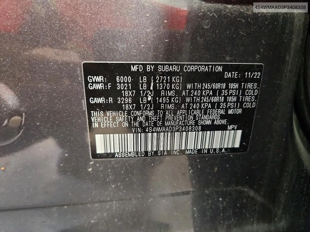 2023 Subaru Ascent VIN: 4S4WMAAD3P3408308 Lot: 57087996