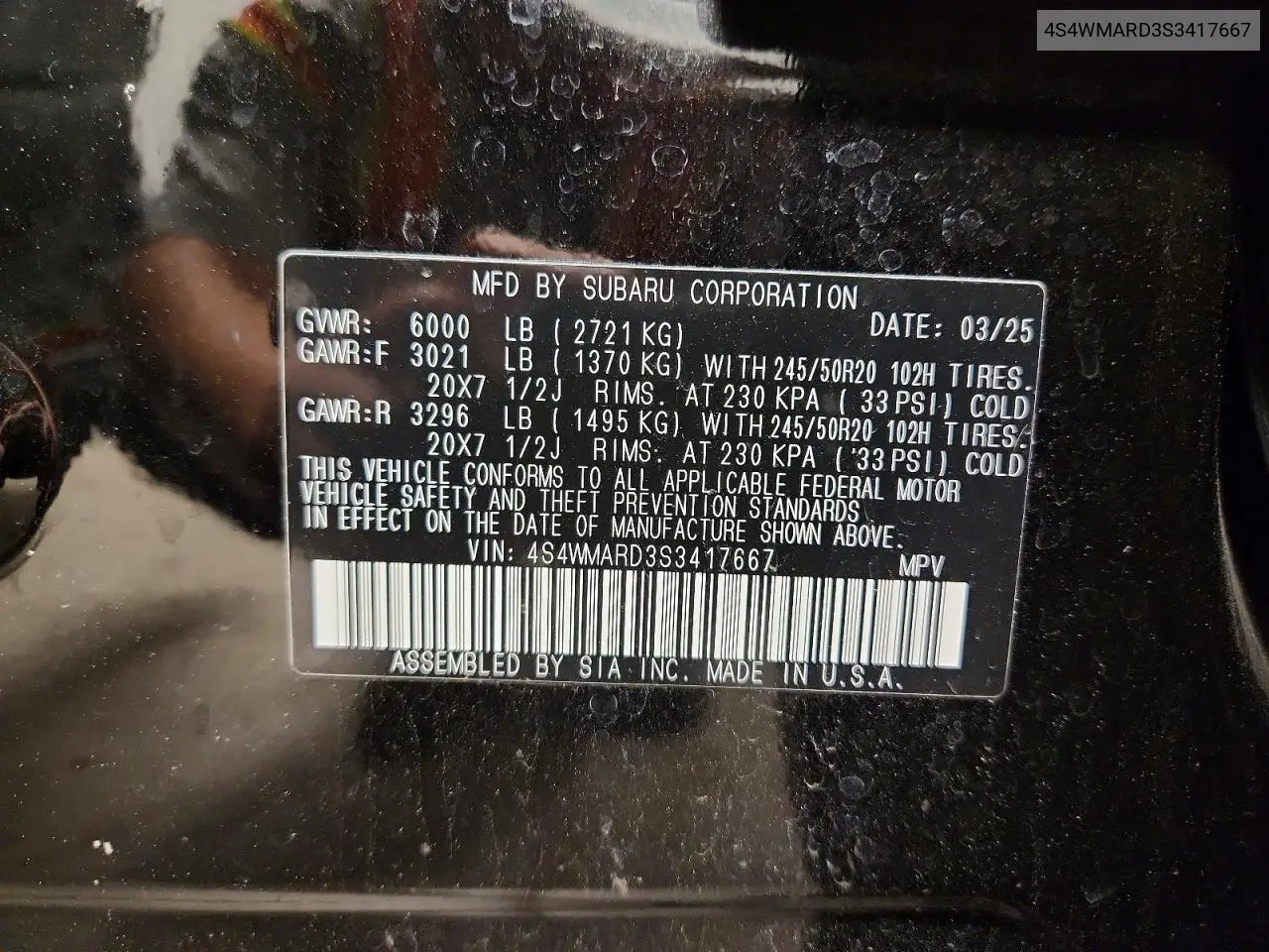 2025 Subaru Ascent Limited VIN: 4S4WMARD3S3417667 Lot: 58812636