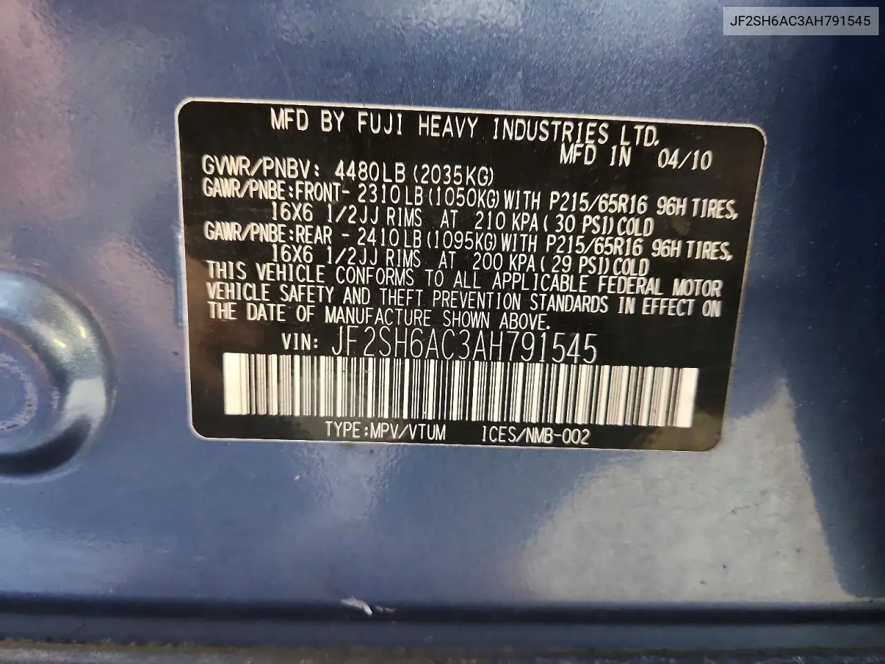 2010 Subaru Forester 2.5X VIN: JF2SH6AC3AH791545 Lot: 57817856