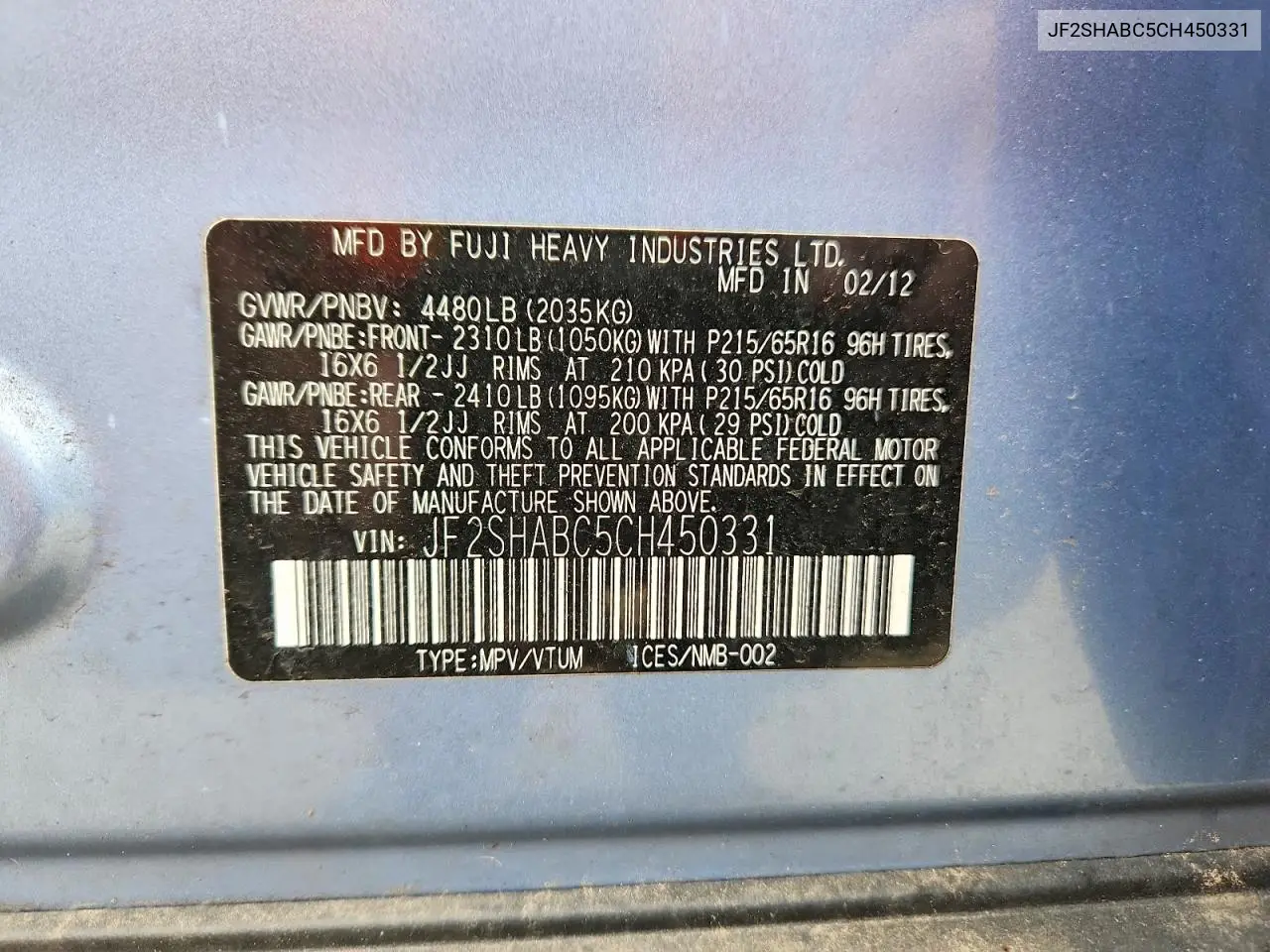 2012 Subaru Forester 2.5X VIN: JF2SHABC5CH450331 Lot: 61954626