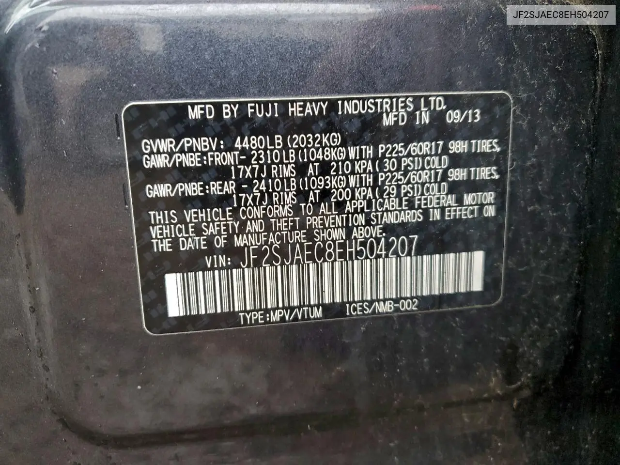 JF2SJAEC8EH504207 2014 Subaru Forester 2.5I Premium