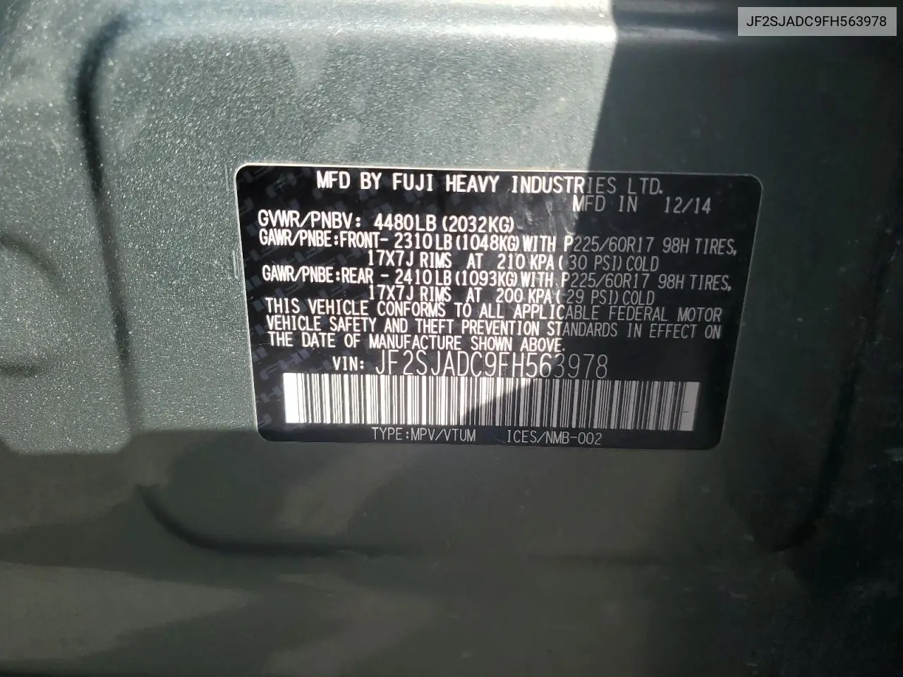 JF2SJADC9FH563978 2015 Subaru Forester 2.5I Premium