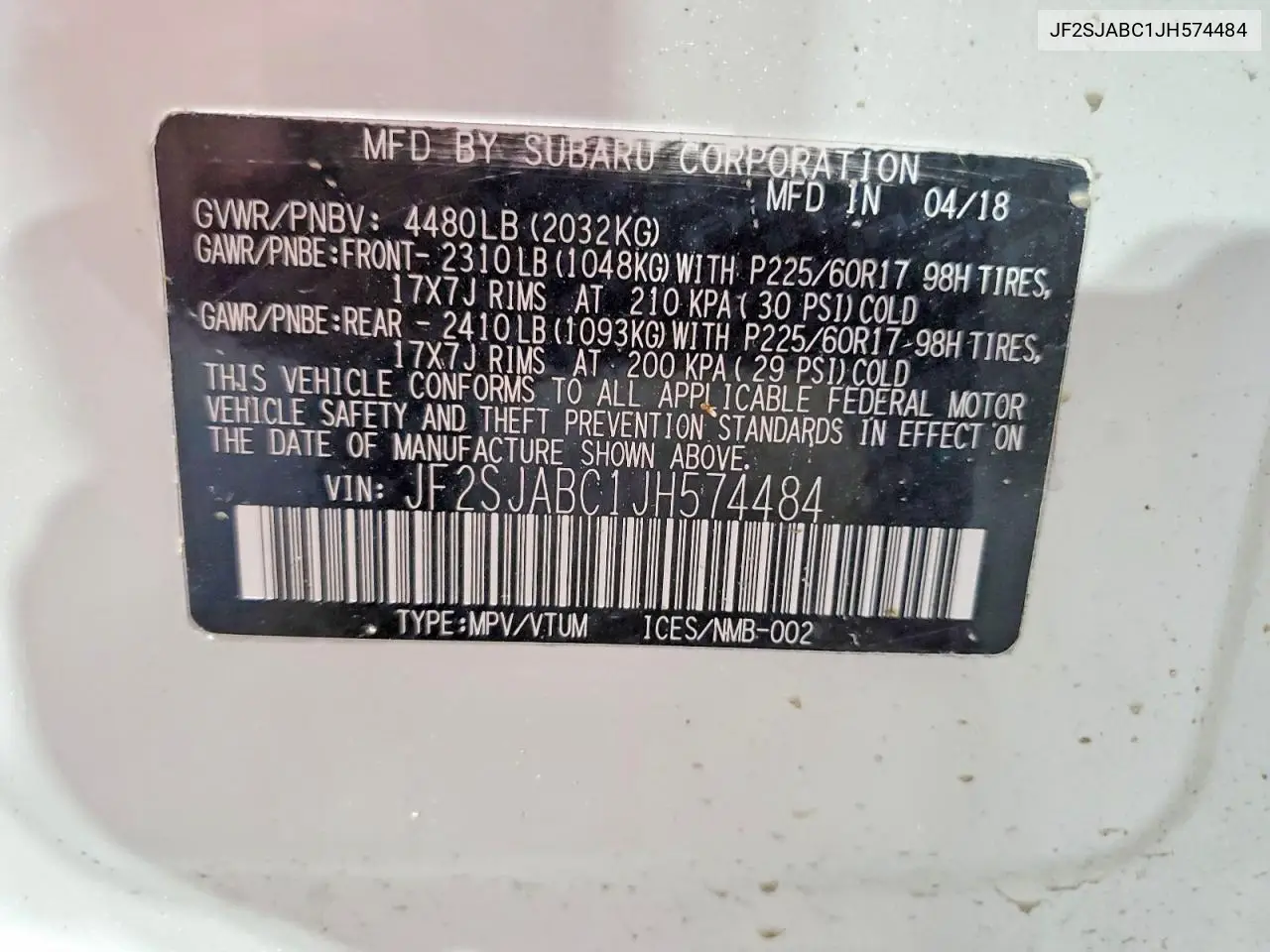2018 Subaru Forester 2.5I VIN: JF2SJABC1JH574484 Lot: 62137816