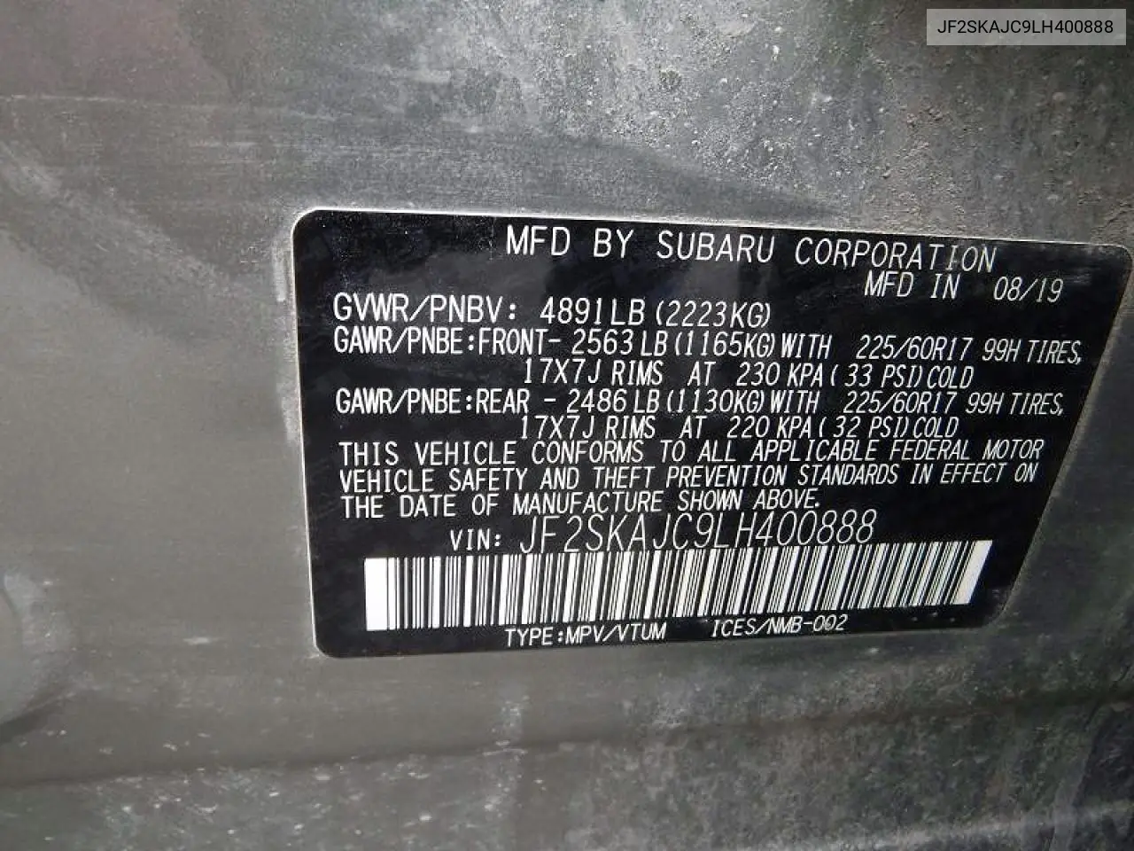 2020 Subaru Forester Premium VIN: JF2SKAJC9LH400888 Lot: 61810426