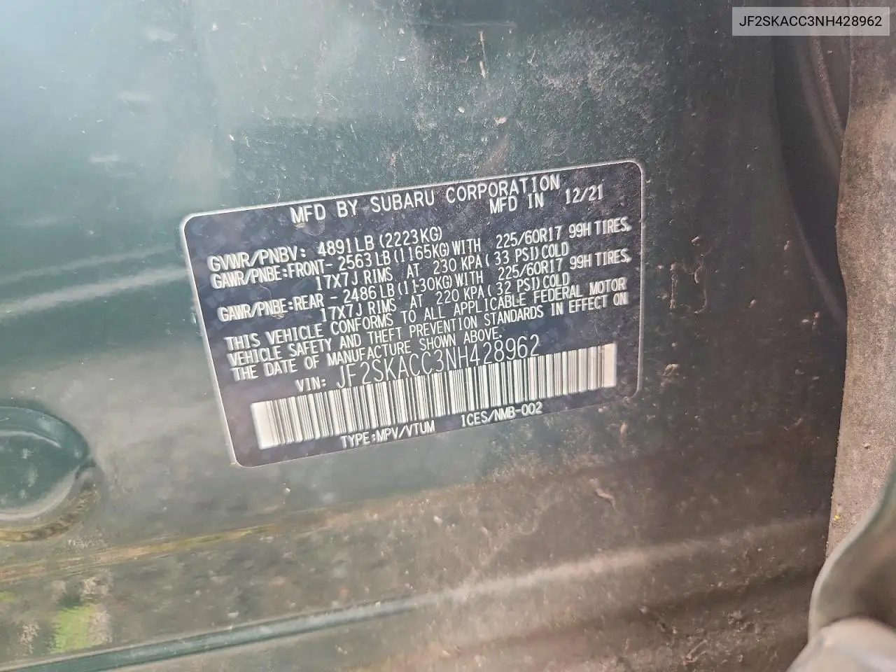 2022 Subaru Forester VIN: JF2SKACC3NH428962 Lot: 61624846