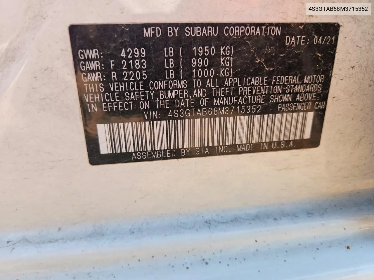 2021 Subaru Impreza VIN: 4S3GTAB68M3715352 Lot: 61569576