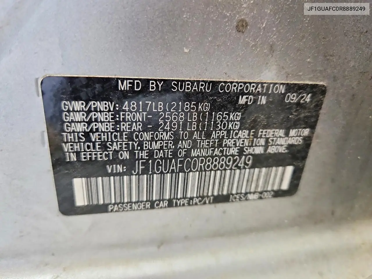 2024 Subaru Impreza Sport VIN: JF1GUAFC0R8889249 Lot: 61035976
