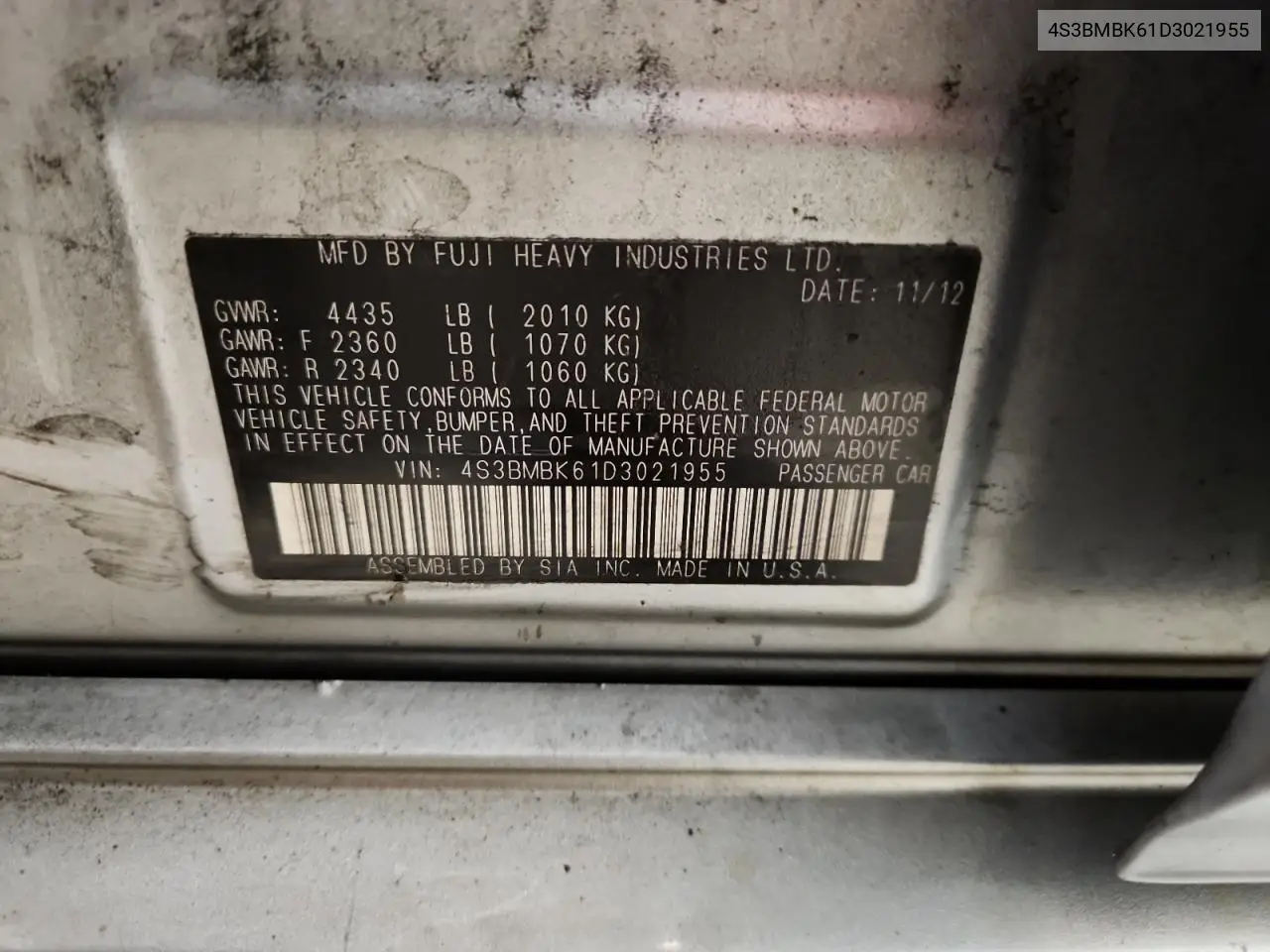 4S3BMBK61D3021955 2013 Subaru Legacy 2.5I Limited