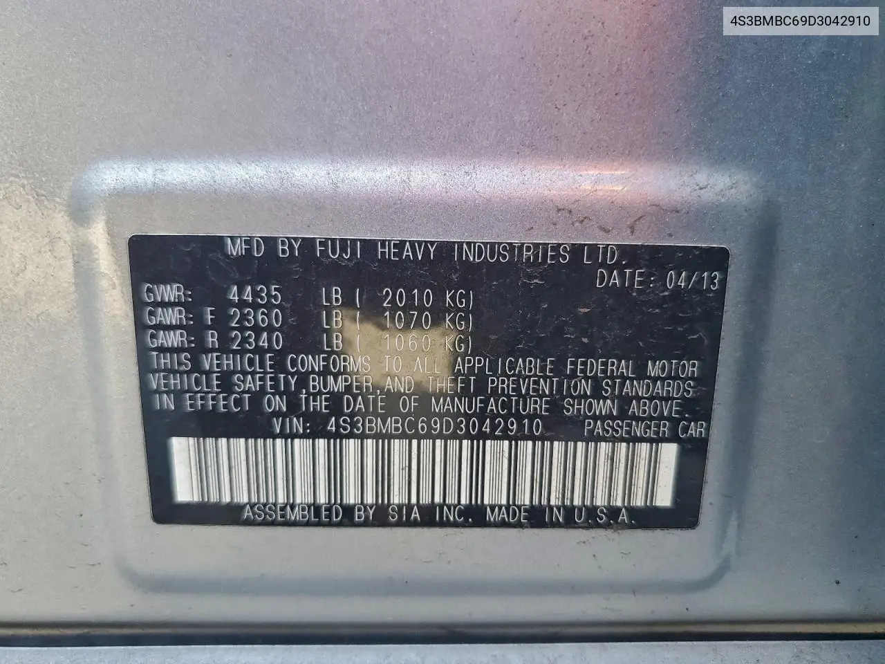 4S3BMBC69D3042910 2013 Subaru Legacy 2.5I Premium
