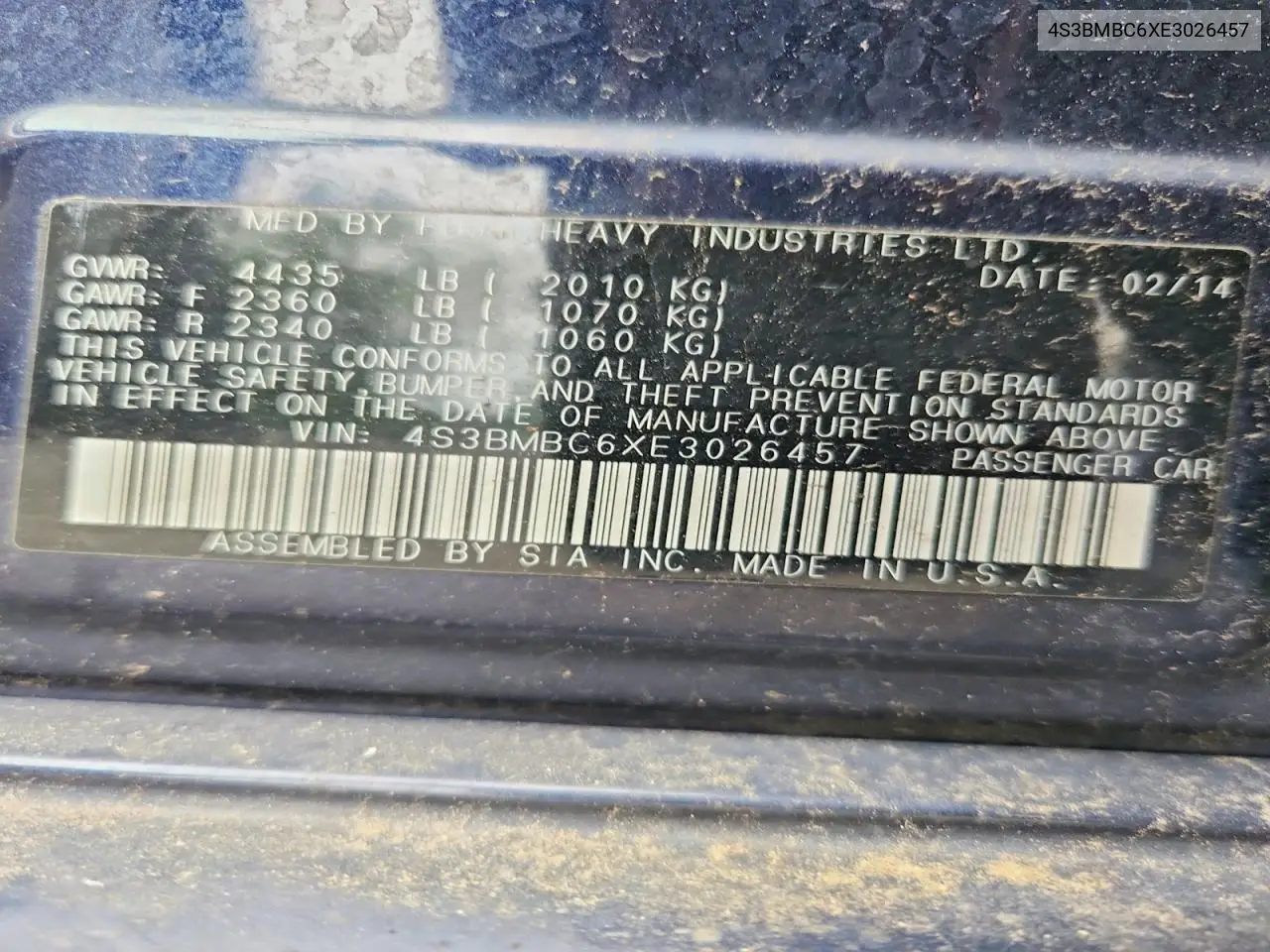 4S3BMBC6XE3026457 2014 Subaru Legacy 2.5I Premium