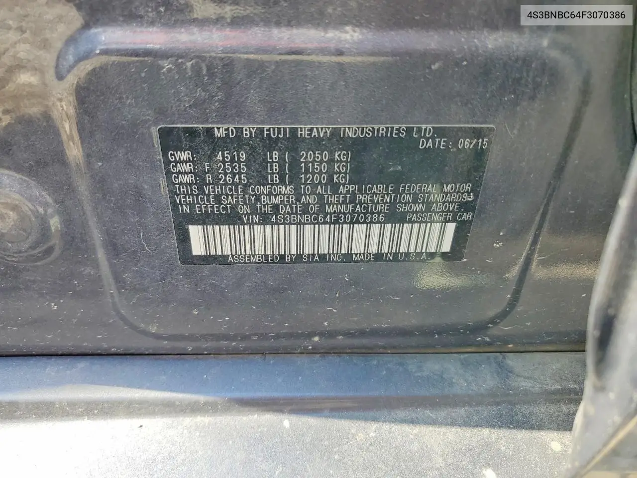2015 Subaru Legacy 2.5I Premium VIN: 4S3BNBC64F3070386 Lot: 56280496