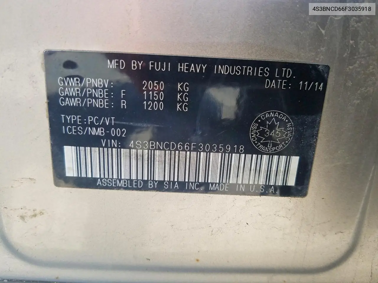 2015 Subaru Legacy 2.5I Premium VIN: 4S3BNCD66F3035918 Lot: 60045116