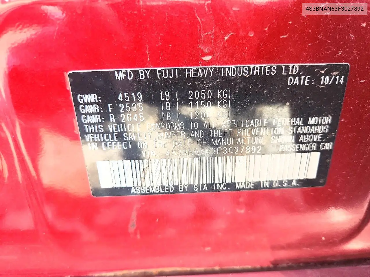 2015 Subaru Legacy 2.5I Limited VIN: 4S3BNAN63F3027892 Lot: 61704006