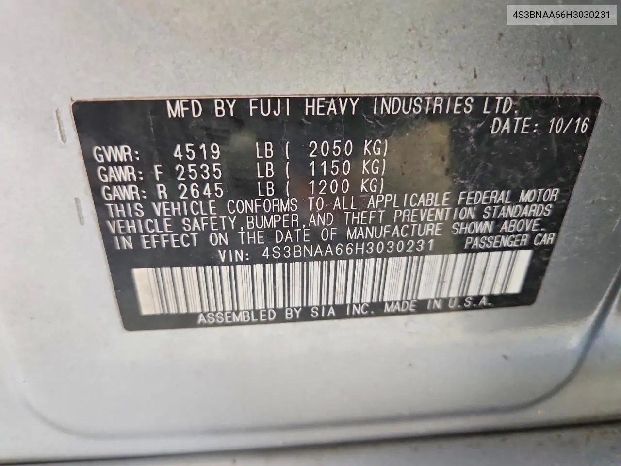 2017 Subaru Legacy 2.5I VIN: 4S3BNAA66H3030231 Lot: 55537066