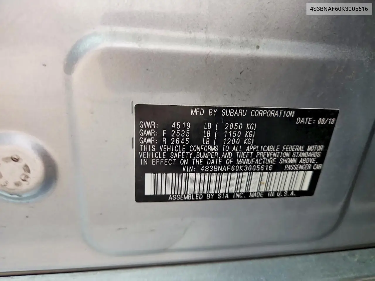 2019 Subaru Legacy 2.5I Premium VIN: 4S3BNAF60K3005616 Lot: 61373716