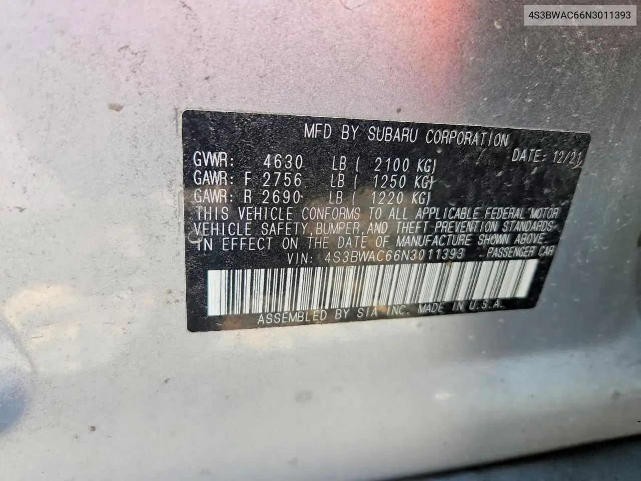 2022 Subaru Legacy VIN: 4S3BWAC66N3011393 Lot: 59670966