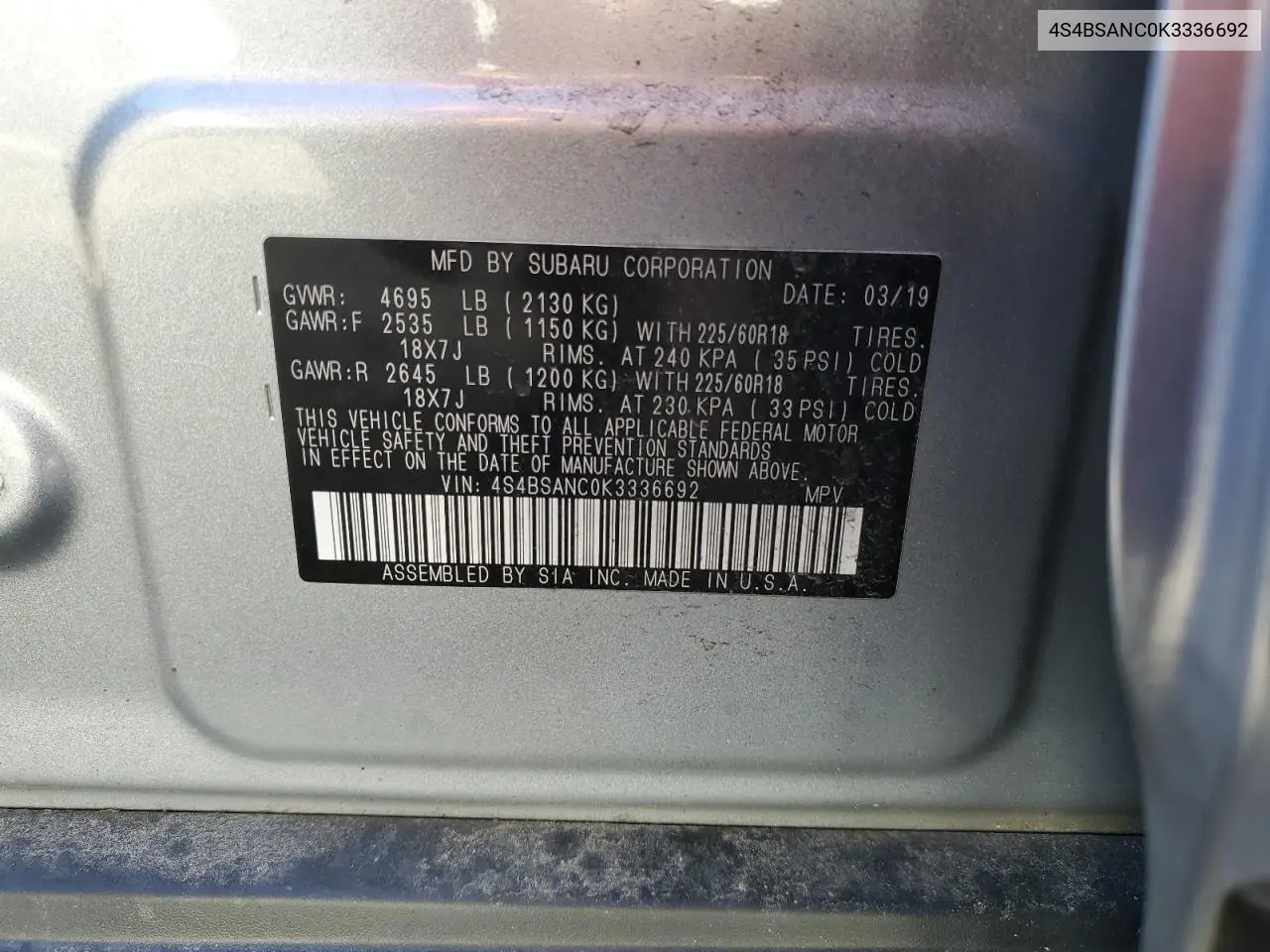 4S4BSANC0K3336692 2019 Subaru Outback 2.5I Limited