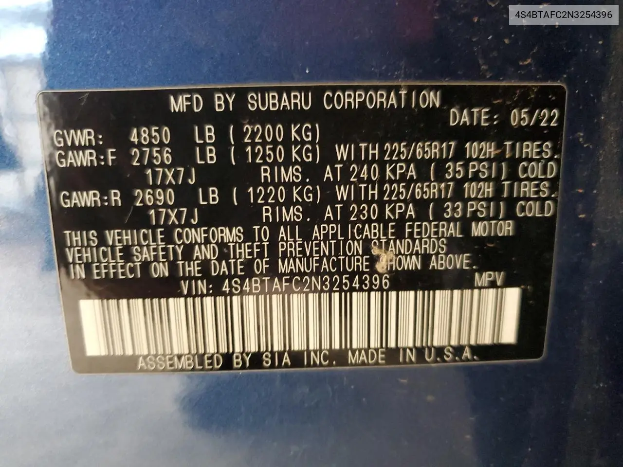 4S4BTAFC2N3254396 2022 Subaru Outback Premium