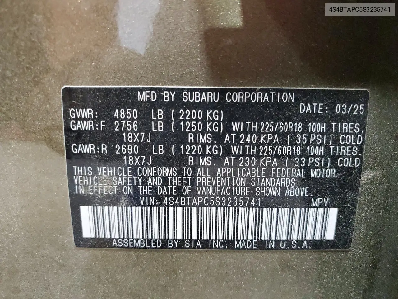 2025 Subaru Outback Touring VIN: 4S4BTAPC5S3235741 Lot: 61445226