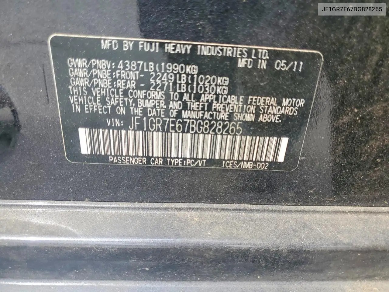 2011 Subaru Impreza Wrx VIN: JF1GR7E67BG828265 Lot: 62003056