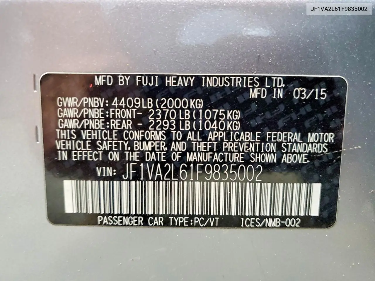 2015 Subaru Wrx Sti VIN: JF1VA2L61F9835002 Lot: 59530986