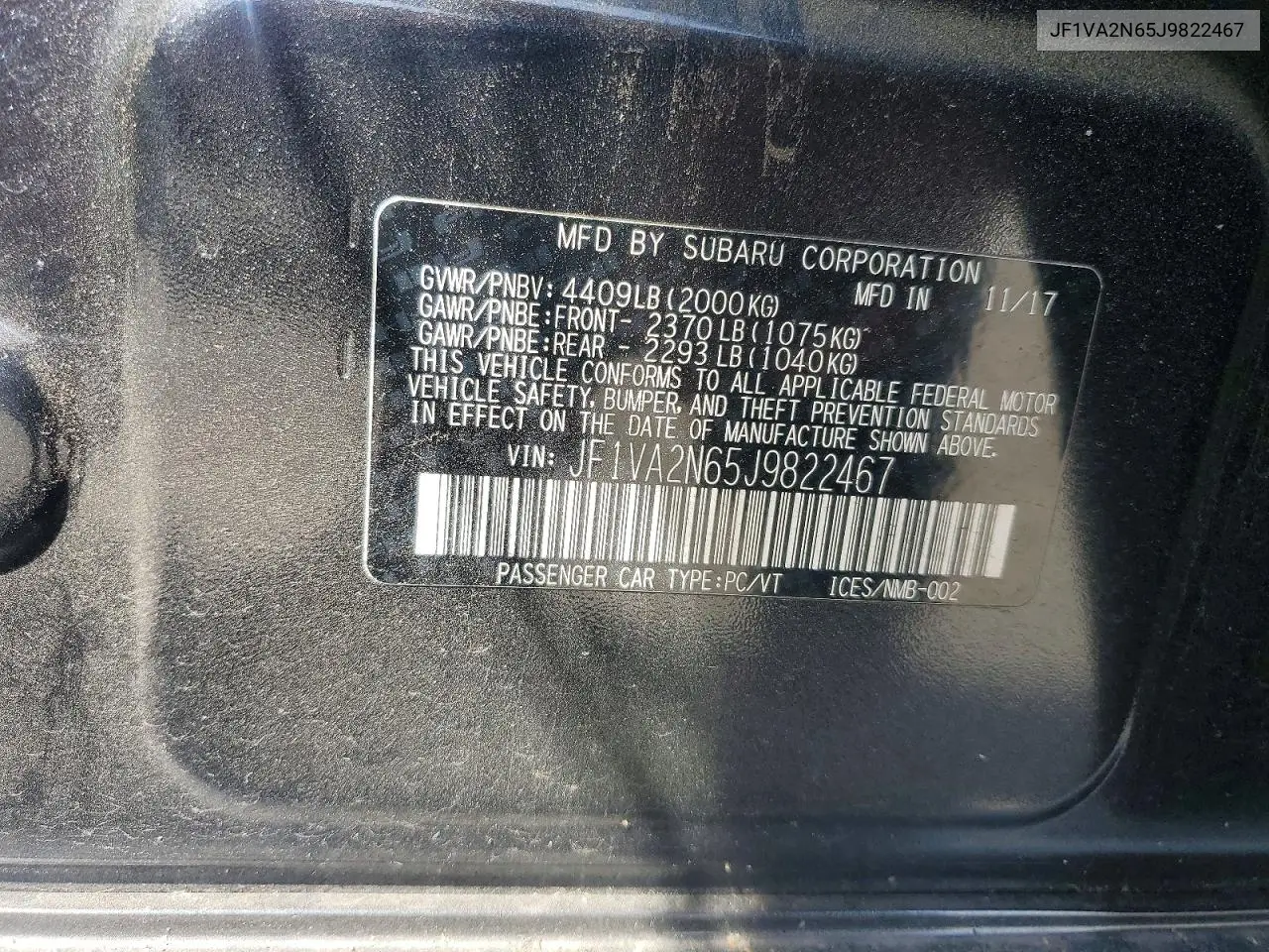 2018 Subaru Wrx Sti VIN: JF1VA2N65J9822467 Lot: 59300076