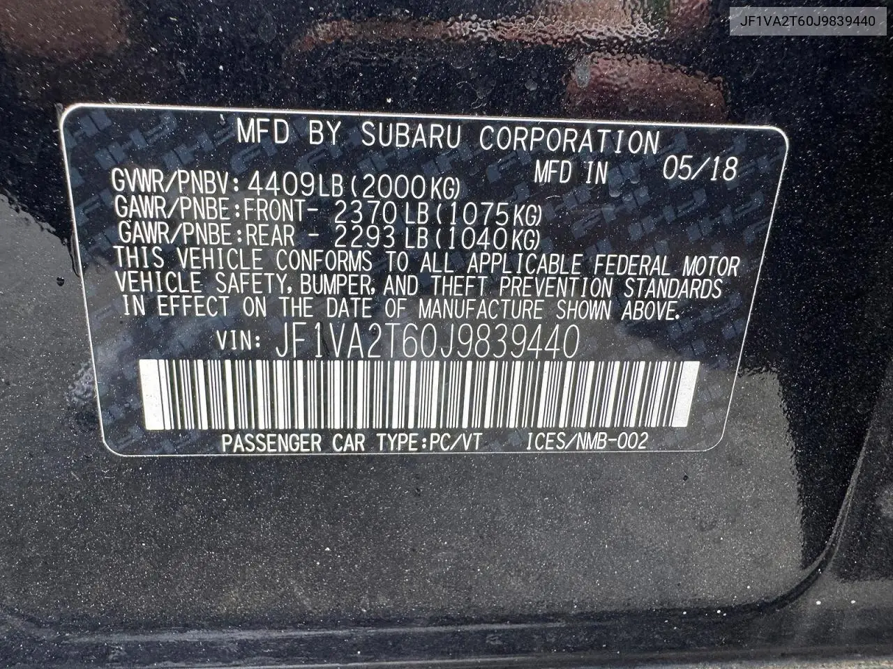 2018 Subaru Wrx Sti Limited VIN: JF1VA2T60J9839440 Lot: 62502486