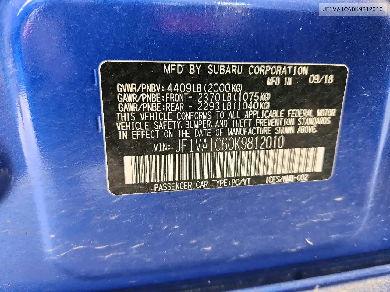 2019 Subaru Wrx Premium VIN: JF1VA1C60K9812010 Lot: 41634386
