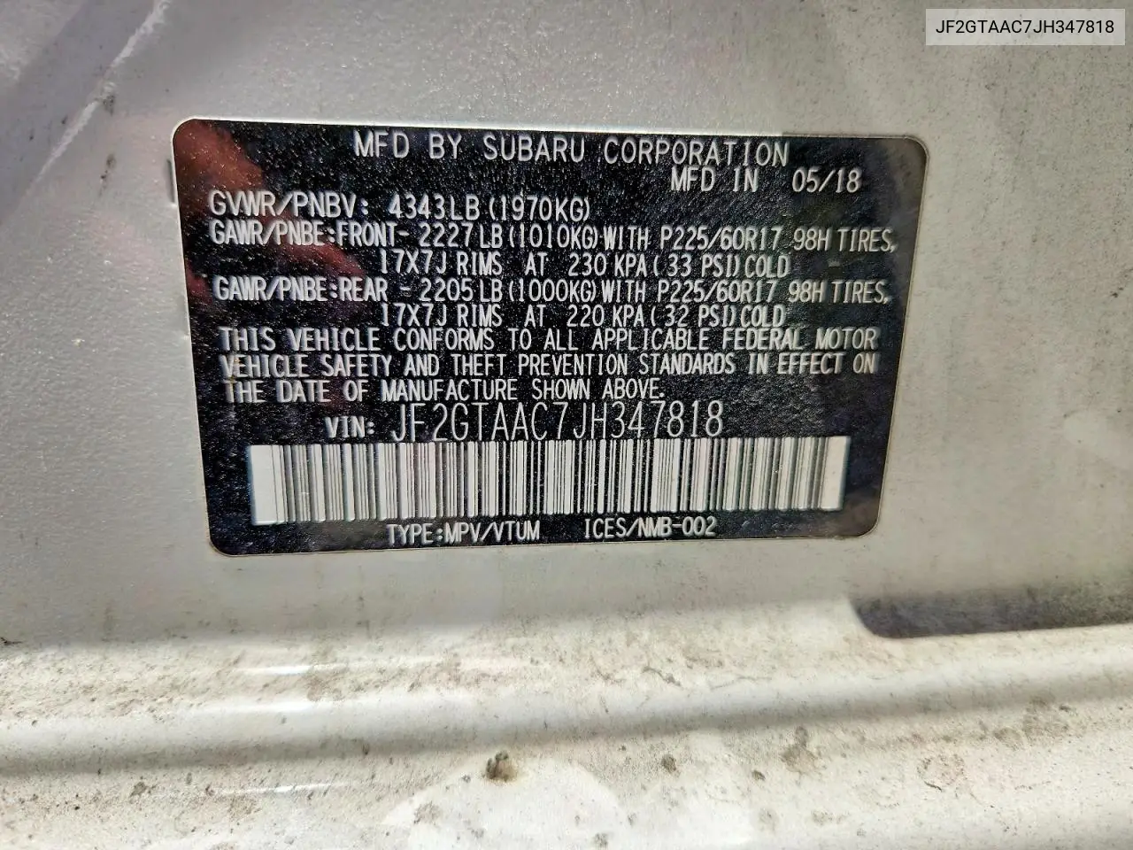 2018 Subaru Crosstrek VIN: JF2GTAAC7JH347818 Lot: 60089586