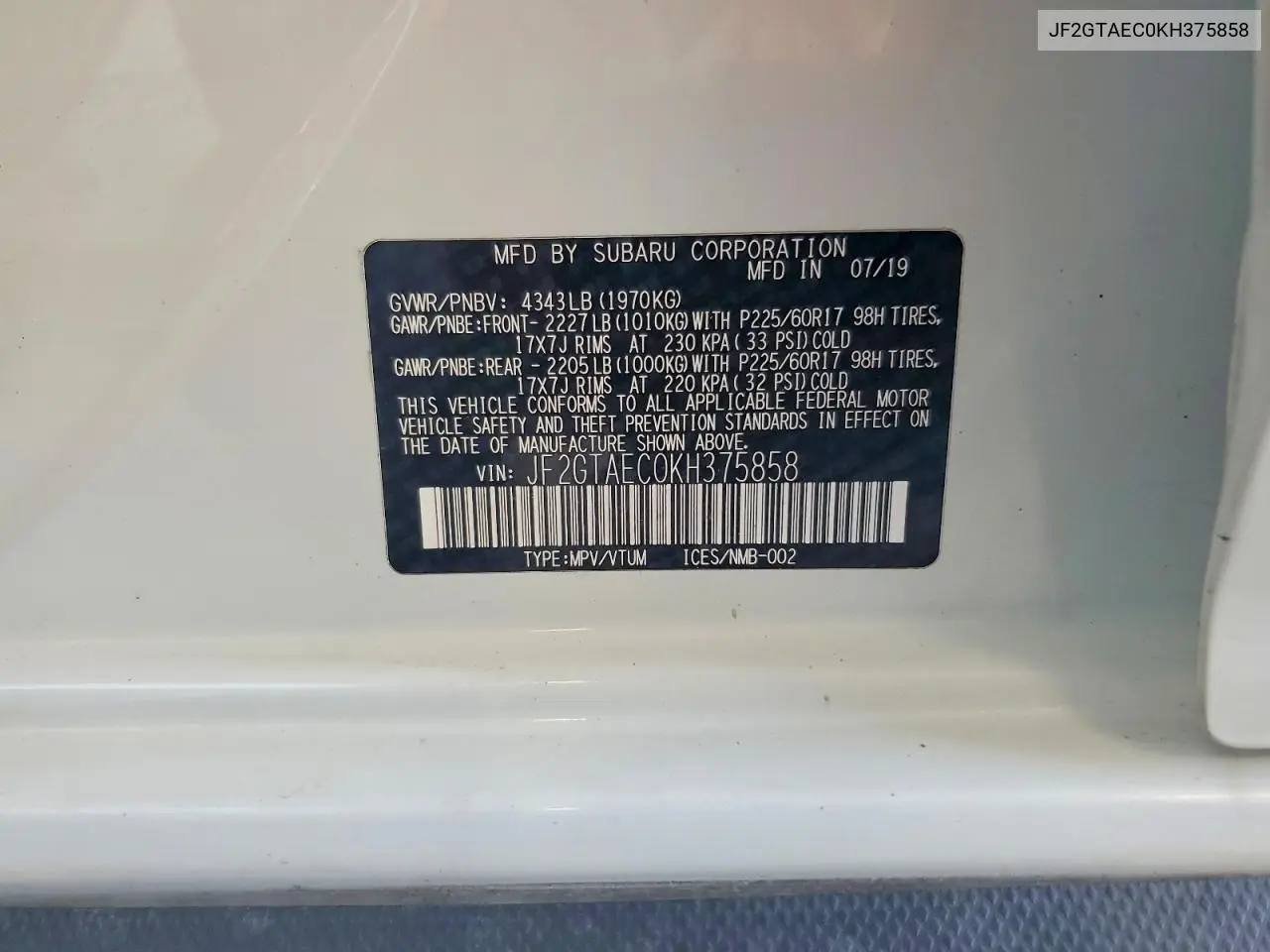 JF2GTAEC0KH375858 2019 Subaru Crosstrek Premium